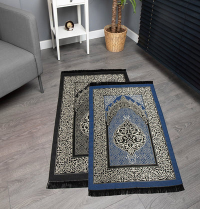 Modefa Prayer Rug Black + Blue Chenille Ottoman Islamic Prayer Mat COMBO Set of 2  (Black + Blue)
