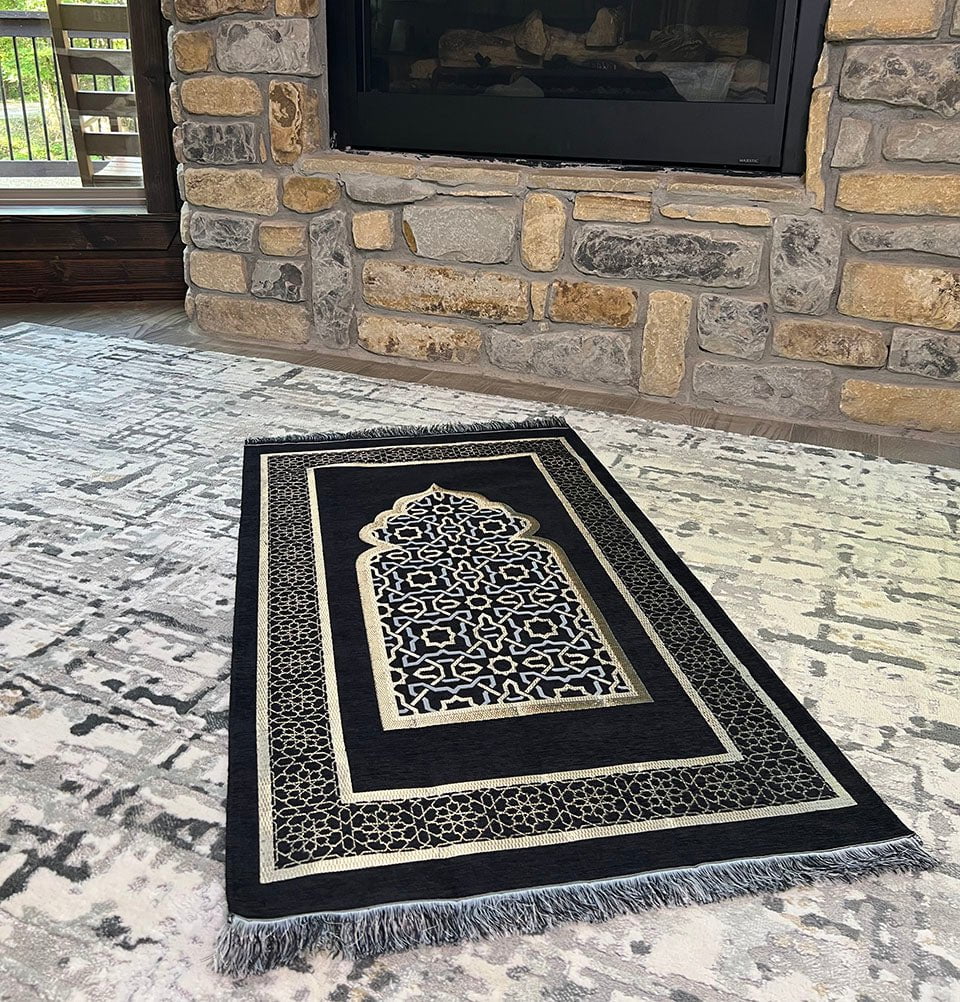 Modefa Prayer Rug Black Chenille Embroidered Islamic Prayer Mat Dynasty - Black