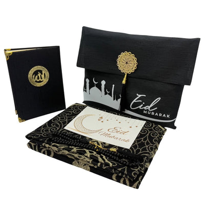 Modefa Prayer Rug Black Eid Mubarak Gift Set - Prayer Rug, Dua Book and Prayer Beads in Satin Bag - Black