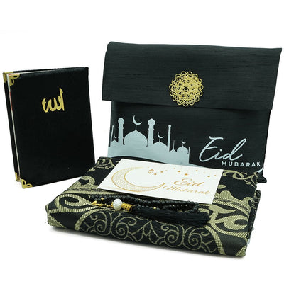 Modefa Prayer Rug Black Eid Mubarak Gift Set - Prayer Rug, Dua Book and Prayer Beads in Satin Bag - Black