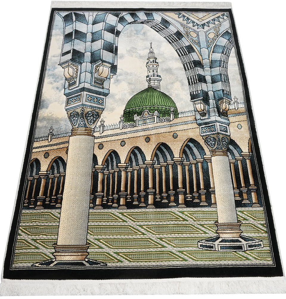 Erguvan Luxury Kilim Velvet Carpet Islamic Prayer Rug - Nabawi - Black