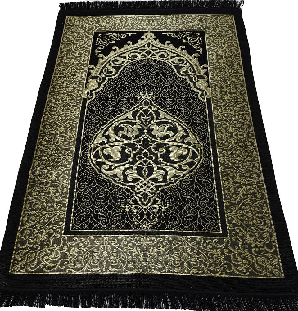 Modefa Prayer Rug Black Gift Set - Prayer Rug, Dua Book and Prayer Beads in Satin Bag - Black