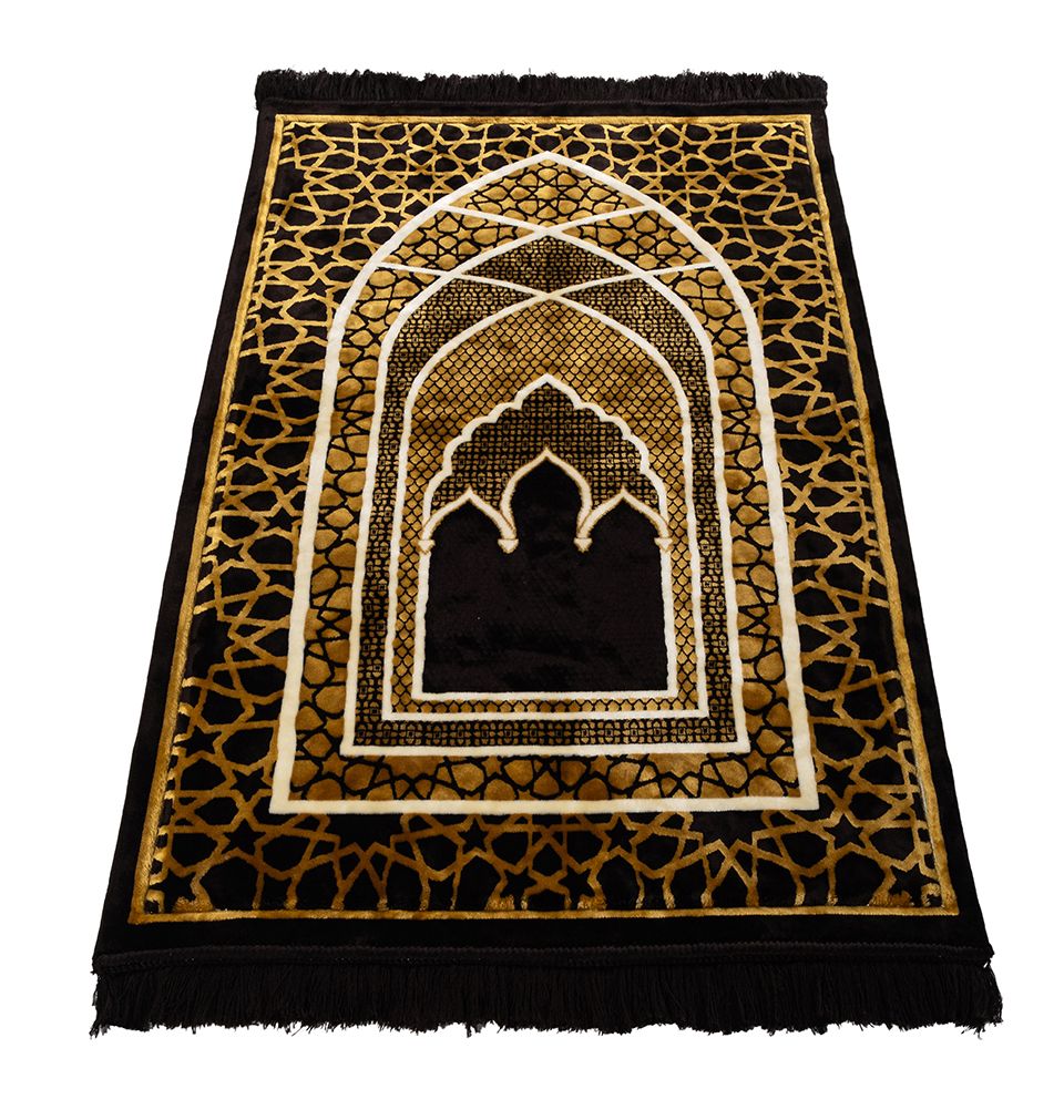 Saray Plush Islamic Prayer Rug - Black & Gold