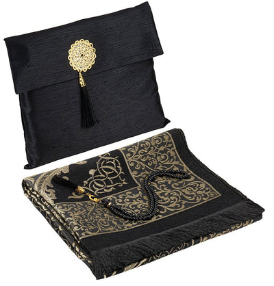 Modefa Prayer Rug Black Islamic Gift Set - Prayer Mat & Tesbih in Taffeta Gift Bag - Black