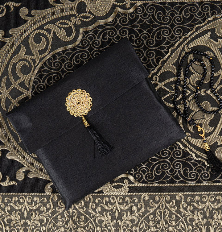 Islamic Gift Set - Prayer Mat & Tasbih in Taffeta Gift Bag - Black Islamic Gift Set - Prayer Mat & Tasbih in Taffeta Gift Bag - Black