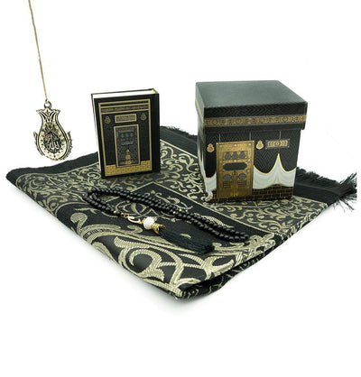 Modefa Prayer Rug Black Islamic Ottoman Chenille Prayer Mat Gift Box Set - With Quran, Prayer Beads, & Car Hanger - Black