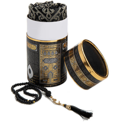 Modefa Prayer Rug Black Kaba Cylinder Gift Box Set with Prayer Mat & Prayer Beads - Black
