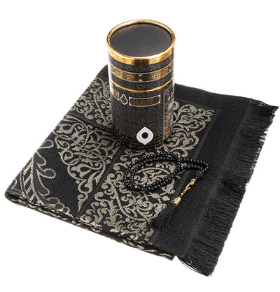 Modefa Prayer Rug Black Kaba Cylinder Gift Box Set with Prayer Mat & Prayer Beads - Black