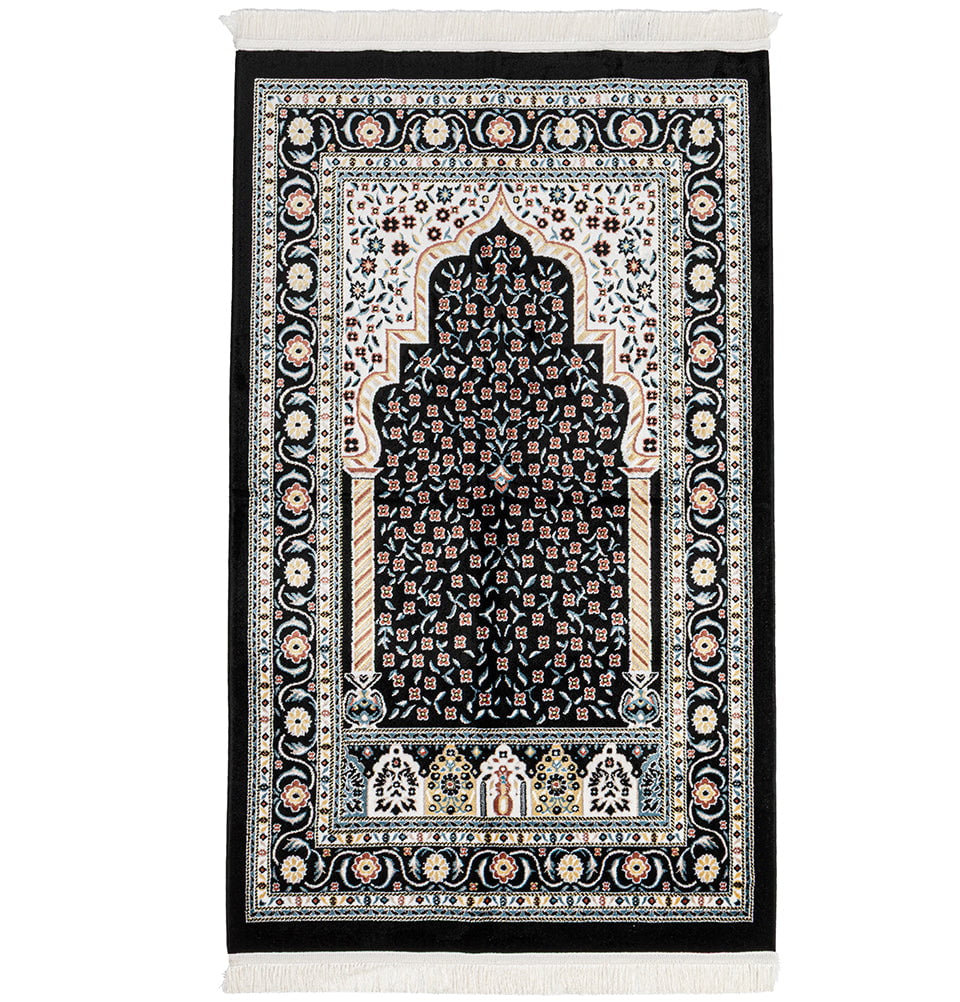 Round Islamic Rug Lavanta Luxury Velvet Islamic Prayer Rug Daisy - Black