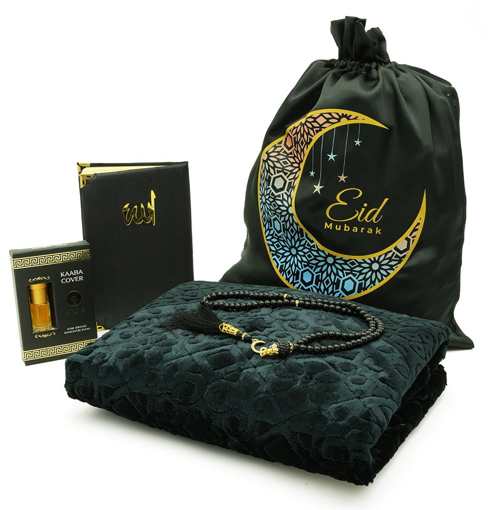 Modefa Prayer Rug Black Luxury Velvet Eid Mubarak Gift Bag Set - 5 Pieces with Prayer Rug - Black