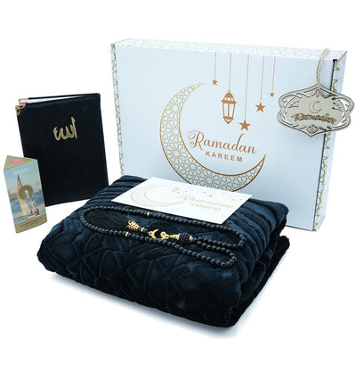 Modefa Prayer Rug Black Luxury Velvet Islamic Prayer Rug 5 Piece Ramadan Gift Set - Black