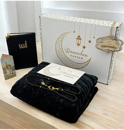 Modefa Prayer Rug Black Luxury Velvet Islamic Prayer Rug 5 Piece Ramadan Gift Set - Black