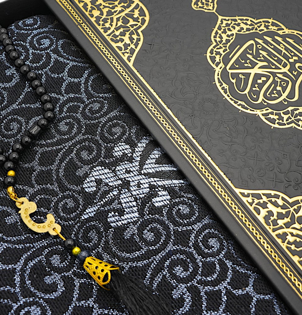 Modefa Prayer Rug Black Prayer Rug Gift Box Set - With Quran in Arabic & Prayer Beads - Black