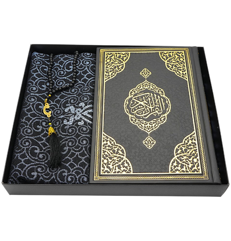 Modefa Prayer Rug Black Prayer Rug Gift Box Set - With Quran in Arabic & Prayer Beads - Black