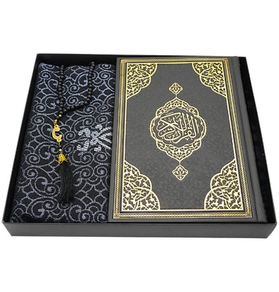 Modefa Prayer Rug Black Prayer Rug Gift Box Set - With Quran in Arabic & Prayer Beads - Black