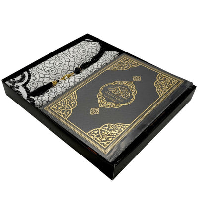 Modefa Prayer Rug Black Prayer Rug Gift Box Set - With Quran & Prayer Beads - Black