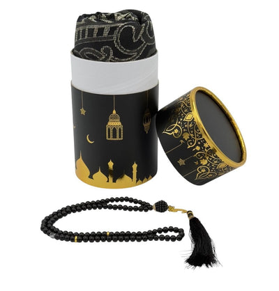 Modefa Prayer Rug Black Ramadan Lantern Cylinder Gift Box Set with Prayer Mat & Prayer Beads - Black