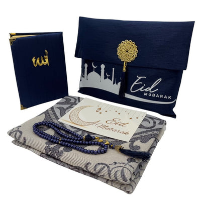 Modefa Prayer Rug Blue Eid Mubarak Gift Set - Prayer Rug, Dua Book and Prayer Beads in Satin Bag - Blue