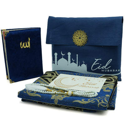 Modefa Prayer Rug Blue Eid Mubarak Gift Set - Prayer Rug, Dua Book and Prayer Beads in Satin Bag - Blue