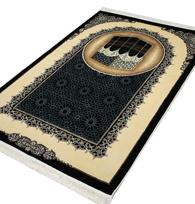 Modefa Prayer Rug Blue Erguvan Luxury Kilim Velvet Carpet Islamic Prayer Rug - Kaba Black & Blue