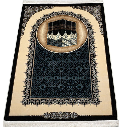 Modefa Prayer Rug Blue Erguvan Luxury Kilim Velvet Carpet Islamic Prayer Rug - Kaba Black & Blue