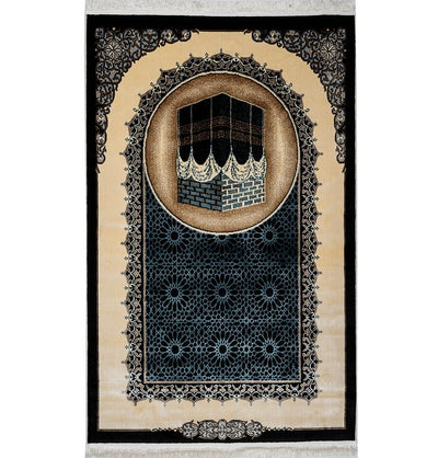 Modefa Prayer Rug Blue Erguvan Luxury Kilim Velvet Carpet Islamic Prayer Rug - Kaba Black & Blue