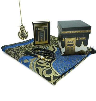 Modefa Prayer Rug Blue Islamic Ottoman Chenille Prayer Mat Gift Box Set - With Quran, Prayer Beads, & Car Hanger - Blue