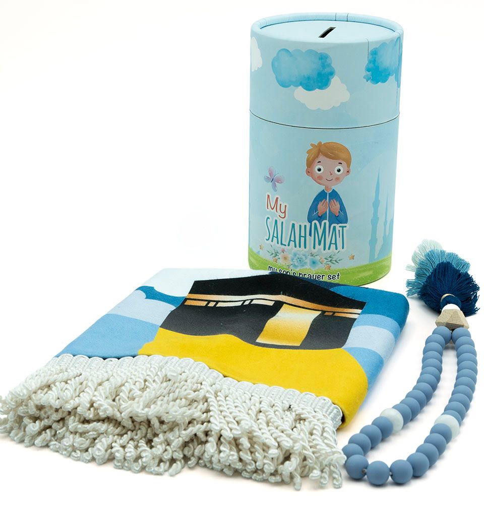 Modefa Prayer Rug Blue Kid's Cylinder Gift Box Set with Prayer Mat & Prayer Beads - Blue