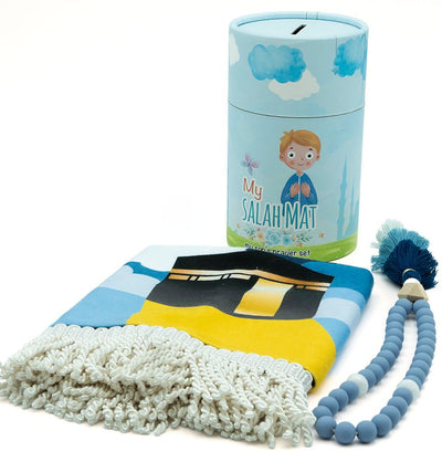 Modefa Prayer Rug Blue Kid's Cylinder Gift Box Set with Prayer Mat & Prayer Beads - Blue