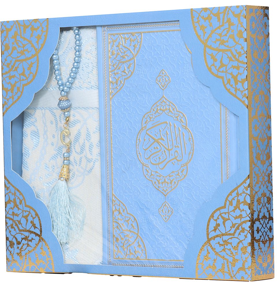 Modefa Prayer Rug Blue Prayer Rug Gift Box Set - With Quran & Prayer Beads Blue