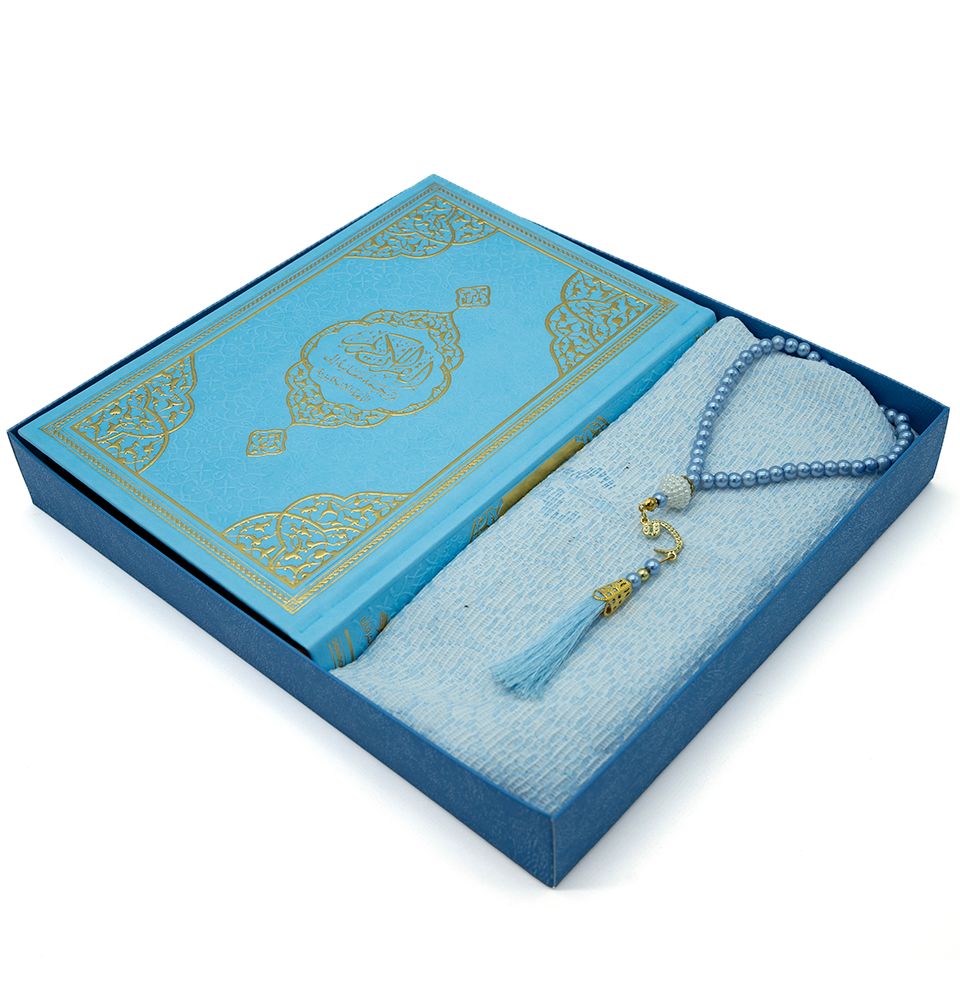 Modefa Prayer Rug Blue Prayer Rug Gift Box Set - With Quran & Prayer Beads Blue