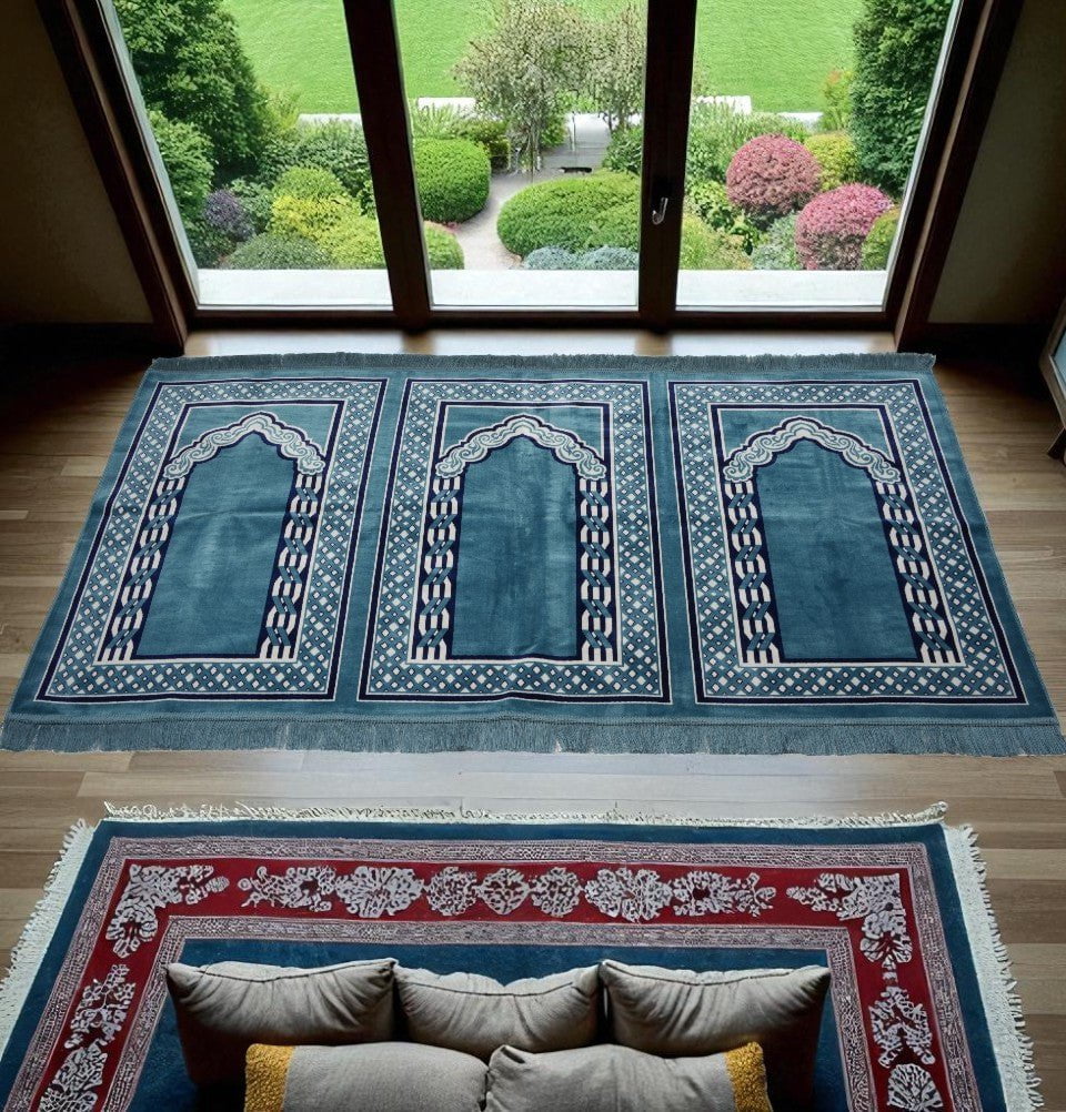 Modefa Prayer Rug Blue Wide 3 Person Masjid Prayer Rug - Vined Blue