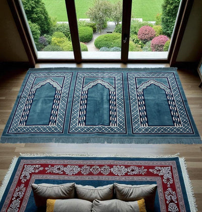 Modefa Prayer Rug Blue Wide 3 Person Masjid Prayer Rug - Vined Blue