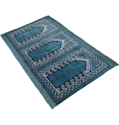 Modefa Prayer Rug Blue Wide 3 Person Masjid Prayer Rug - Vined Blue