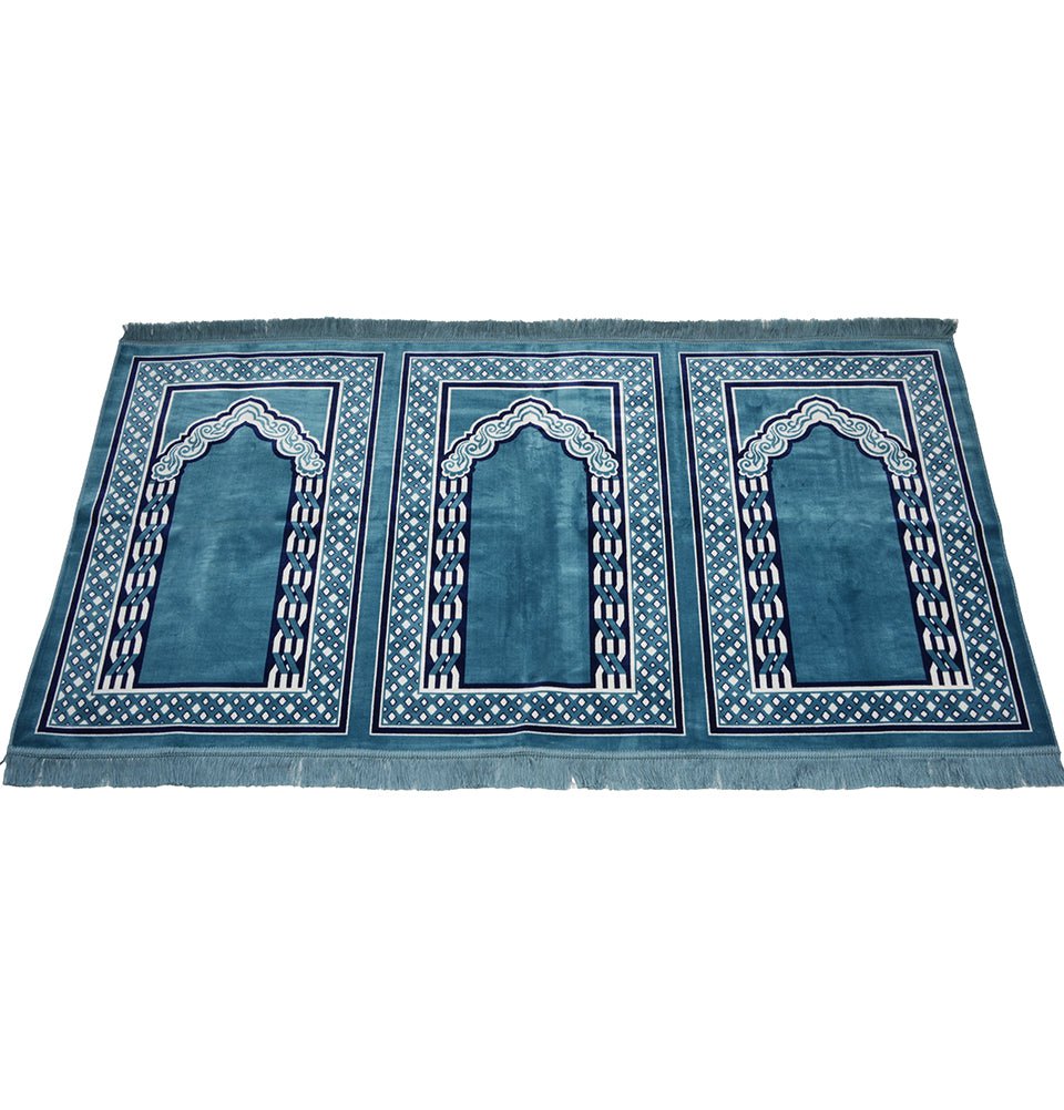 Modefa Prayer Rug Blue Wide 3 Person Masjid Prayer Rug - Vined Blue