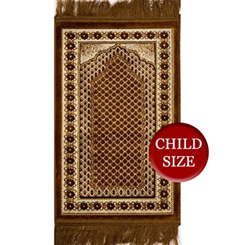 Modefa Prayer Rug Burnt Orange Child Velvet Islamic Prayer Rug -Lattice Vine Geometric Border - Burnt Orange