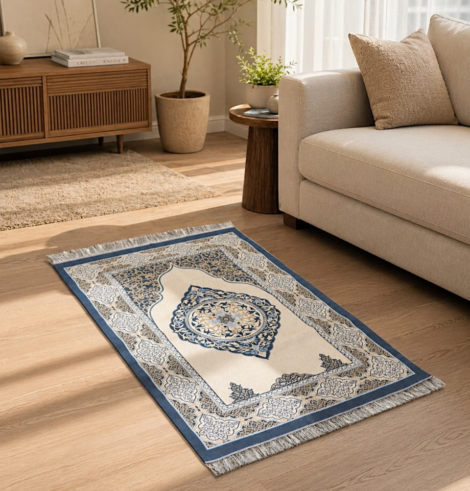 Chenille Medallion Ottoman Islamic Prayer Mat - Blue