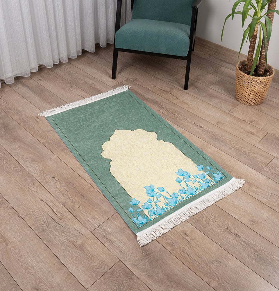Modefa Prayer Rug Chenille & Taffeta Islamic Prayer Mat Poppies - Green