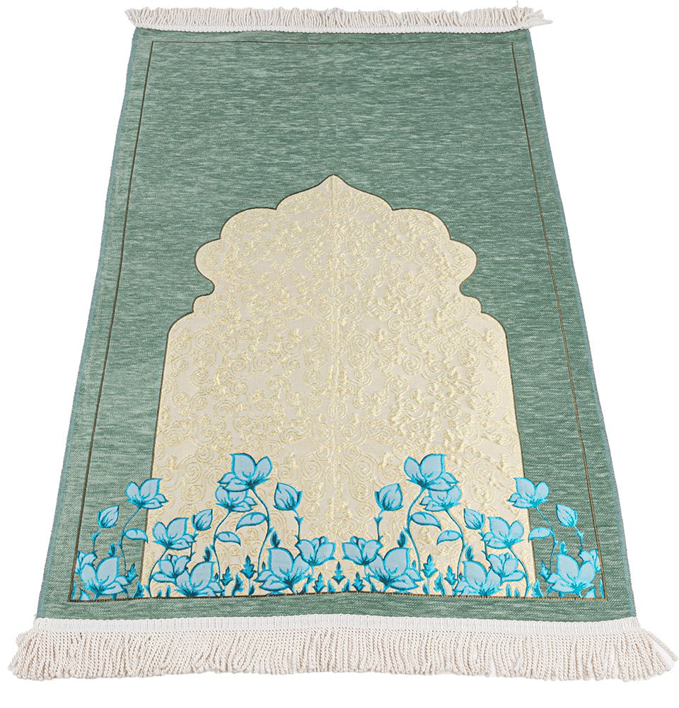 Modefa Prayer Rug Chenille & Taffeta Islamic Prayer Mat Poppies - Green