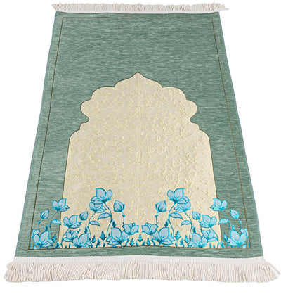 Modefa Prayer Rug Chenille & Taffeta Islamic Prayer Mat Poppies - Green