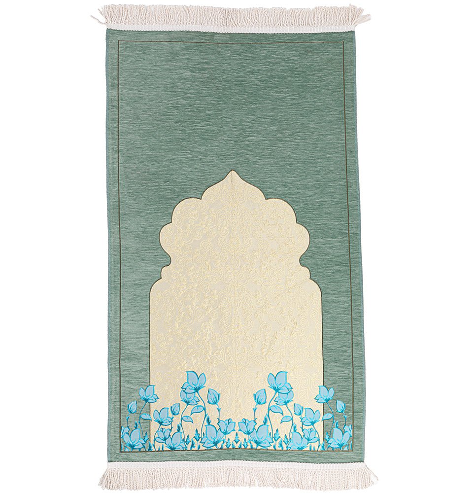 Modefa Prayer Rug Chenille & Taffeta Islamic Prayer Mat Poppies - Green