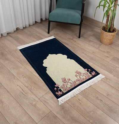 Modefa Prayer Rug Chenille & Taffeta Islamic Prayer Mat Poppies - Navy Blue