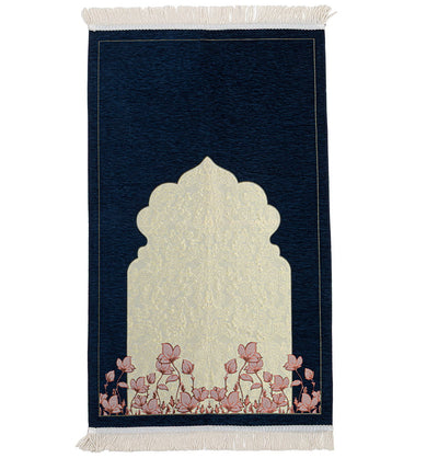 Modefa Prayer Rug Chenille & Taffeta Islamic Prayer Mat Poppies - Navy Blue