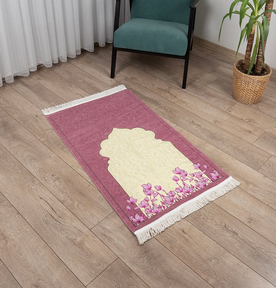 Chenille & Taffeta Islamic Prayer Mat Poppies - Pink