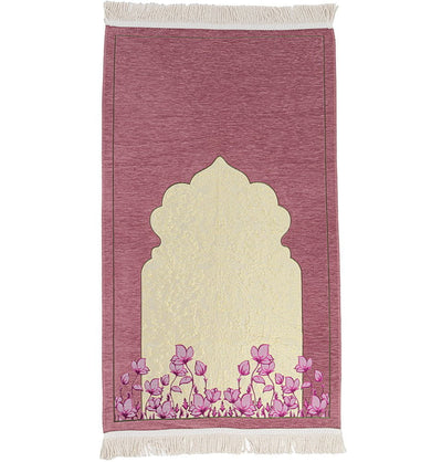 Modefa Prayer Rug Chenille & Taffeta Islamic Prayer Mat Poppies - Pink