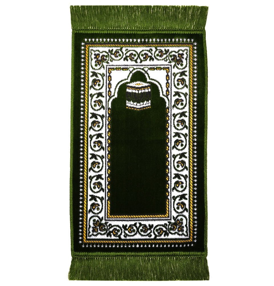 Child Velvet Islamic Prayer Rug - Green with Kaba