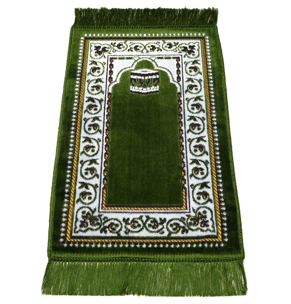 Child Velvet Islamic Prayer Rug - Green with Kaba