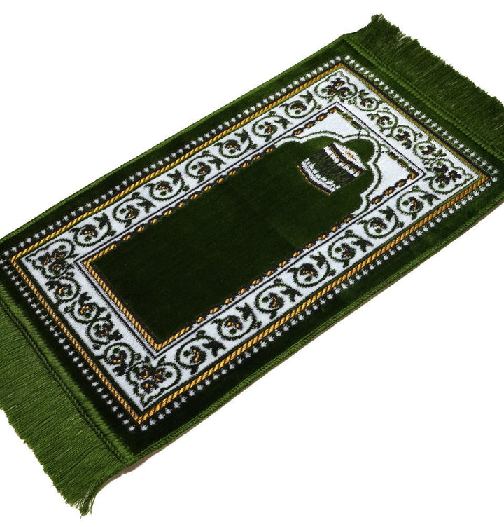 Child Velvet Islamic Prayer Rug - Green with Kaba