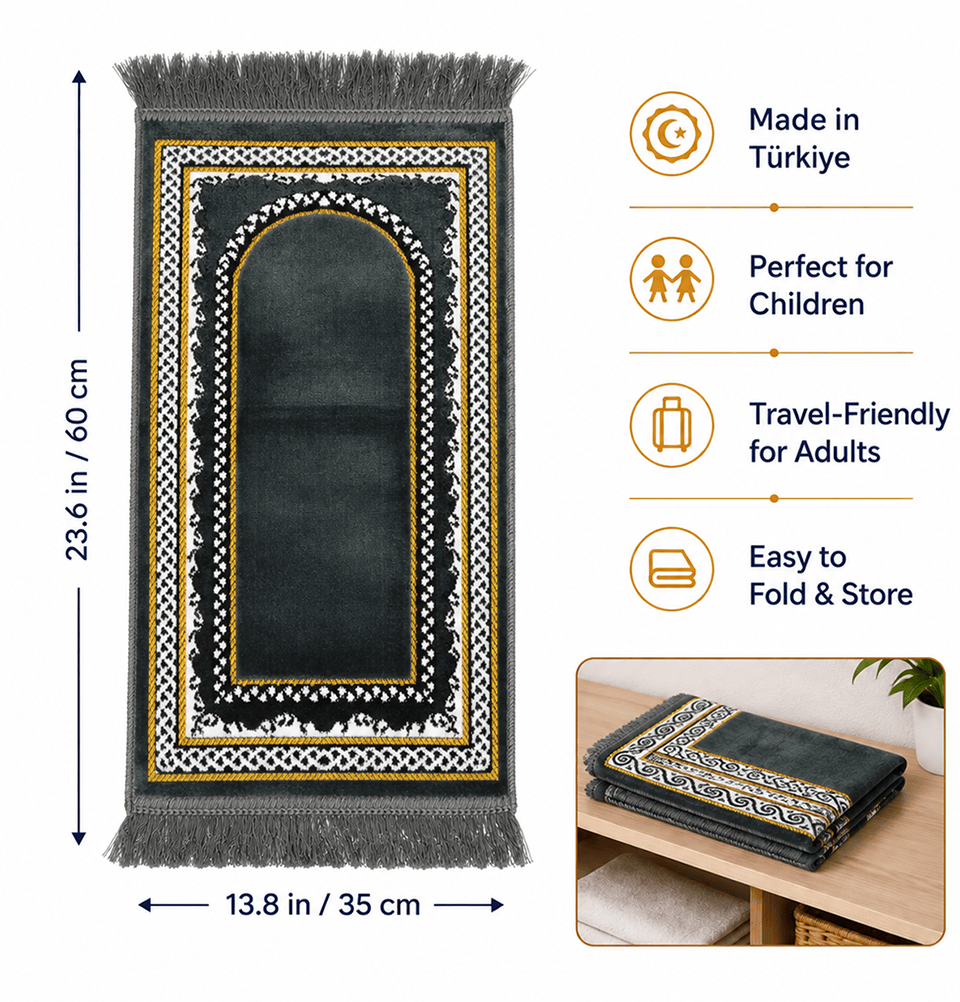 Child Velvet Islamic Prayer Rug - Vine Border Arch Grey