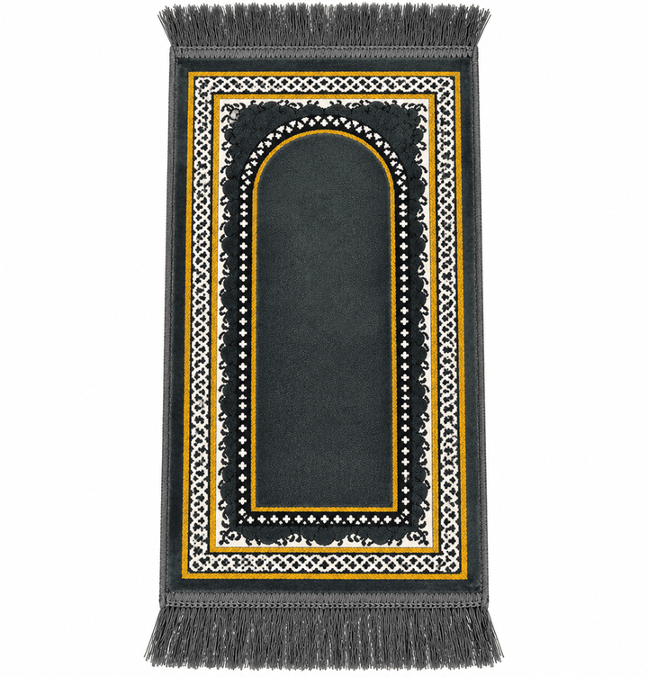 Child Velvet Islamic Prayer Rug - Vine Border Arch Grey